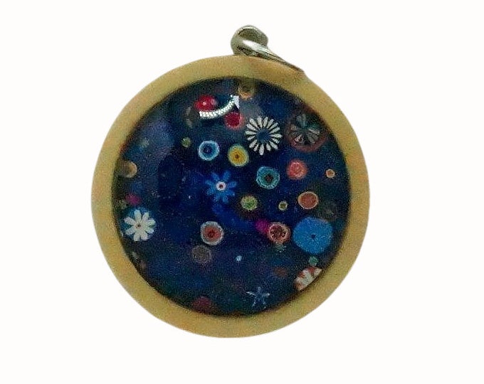 Wooden Backed Glass Tile Pendant Necklace Accessories Natural Wooden Pendant Floral Flowers in Blue