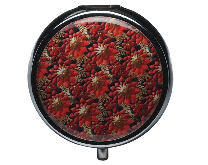 Floral Red & Gold Pill Box: Handmade Silver Plated Medicine Case One Day Medication Container