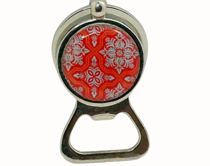Handmade Keyring Bottle Opener Key Ring Patterned Orange Blue