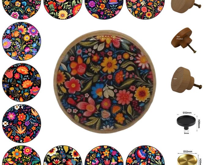 Mexican Blooms Round Wooden Cabinet Pulls, Drawer Knobs, Home Decor