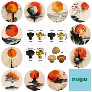 May include: A collection of circular decorative inserts featuring various red sun and landscape illustrations, alongside metal and wooden cabinet knobs with labeled dimensions in millimeters and centimeters.