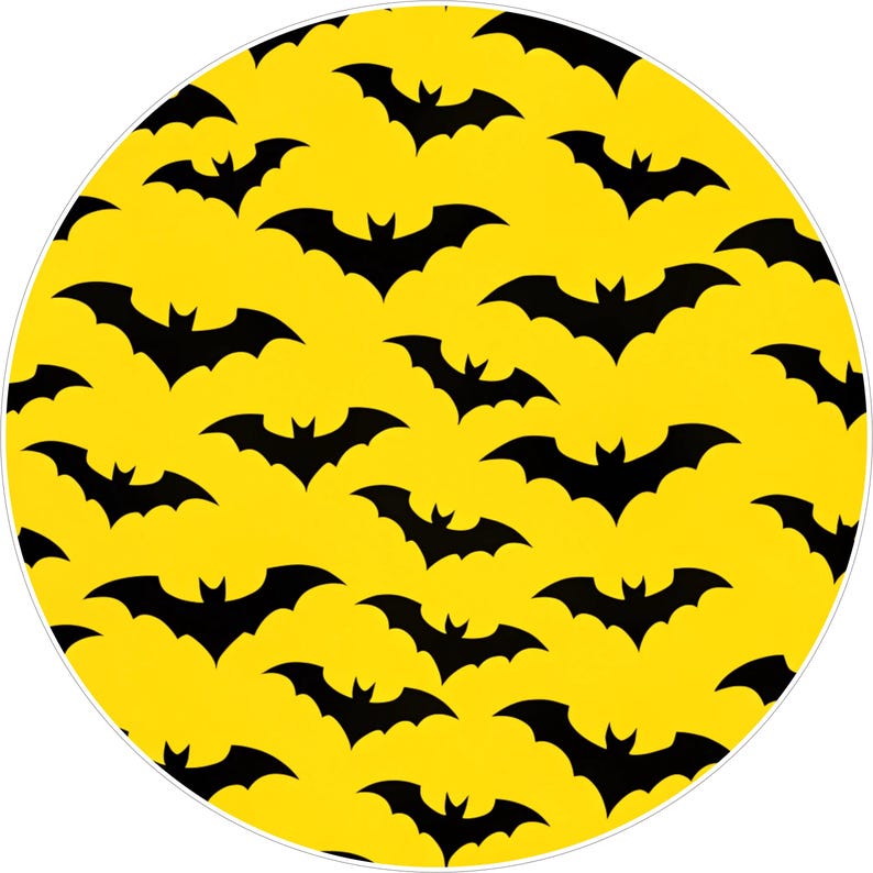 May include: A round, yellow Halloween-themed design featuring a repeating pattern of black bat silhouettes. The bats are evenly spaced across the yellow background, creating a festive and spooky visual.