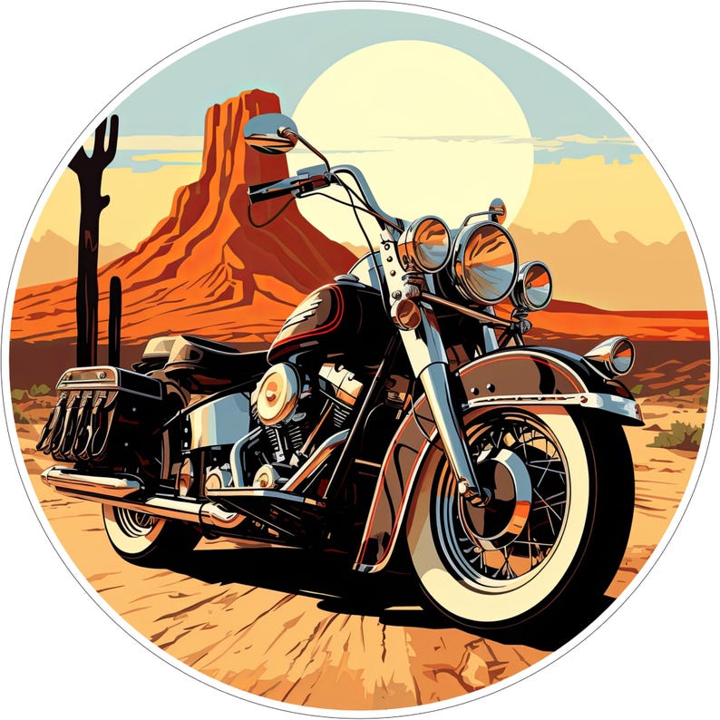 May include: A circular sticker featuring a black cruiser motorcycle parked on a dirt path. The background displays a desert landscape with a large orange rock formation, a tall cactus, and a pale yellow sun in a clear sky, rendered in a graphic style.