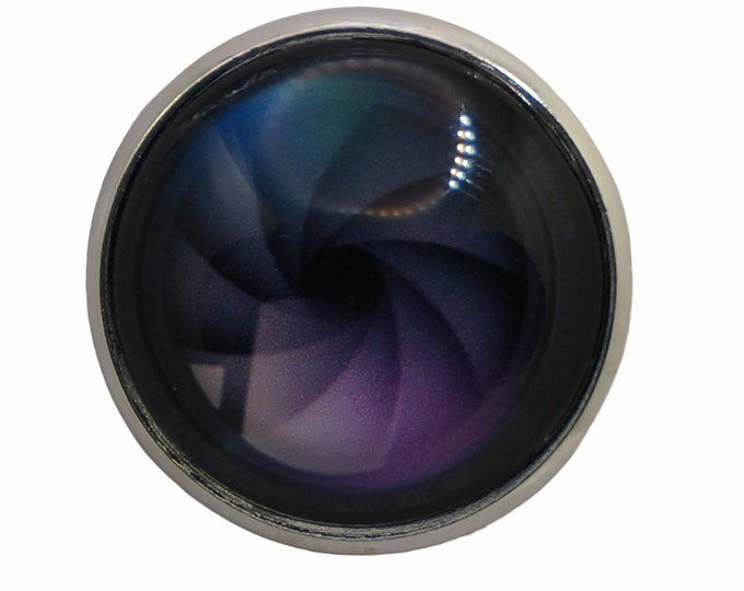 Camera Lens, Round Metal Brooch, Silver Plated, 2.5cm Brooch, Glass, Scarf Pin, Lapel Pin