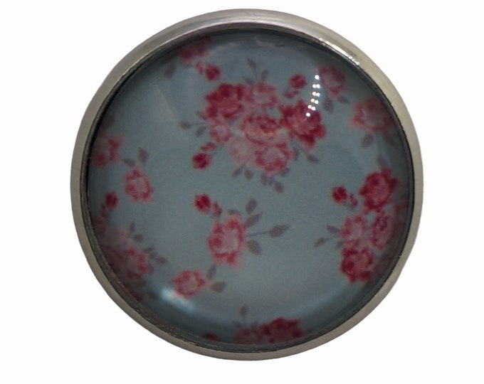 Floral, Vintage Roses, Round Metal Brooch, Silver Plated, 2.5cm Brooch, Glass, Scarf Pin, Lapel Pin