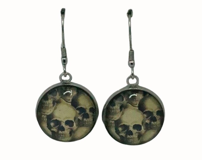 Stainless Steel Glass Tile Hooped Earrings Accessories Gothic Skull