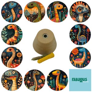 May include: A collection of colorful dinosaur-themed round decorative stickers. The stickers feature various dinosaur illustrations with floral backgrounds. A wooden knob with a screw and wall anchor is also present. The word "FABULOUS" is in a light blue box.
