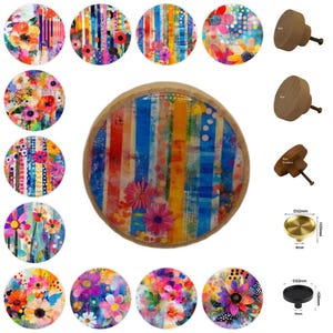 Rainbow Floral Drawer Knobs, Cabinet Handles, Furniture Drawer Knobs, Round Wooden Drawer Knobs, Drawer Handles, Brass Knobs