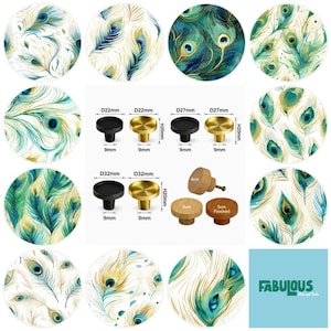 May include: A collection of round cabinet knobs in black, gold, and natural wood finishes, featuring peacock feather patterns. Dimensions include diameters of 22mm, 27mm, and 32mm, with 9mm bases and 20mm heights, plus 4cm and 5cm wooden knobs.