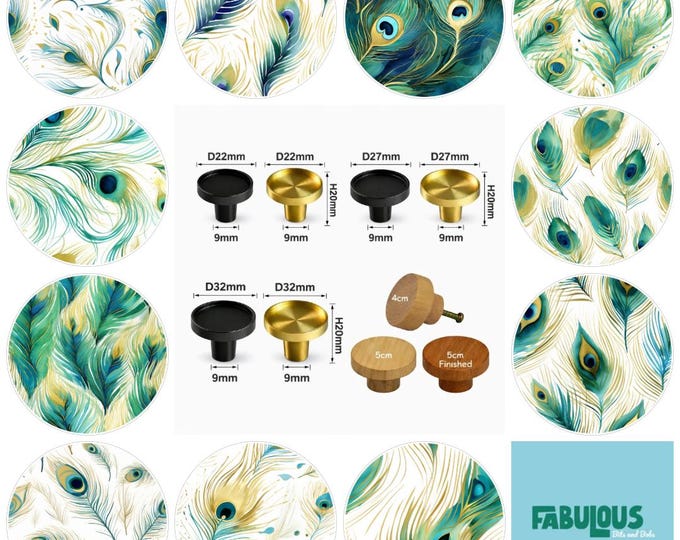 Peacock Feathers Drawer Knobs, Cabinet Pulls (4cm) (5cm) (2cm) (2.5cm) (3cm)