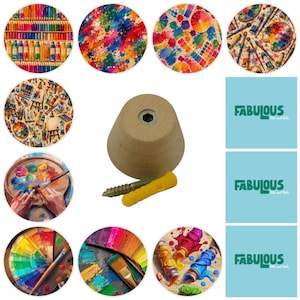 May include: A light-colored wooden knob with a central hexagonal hole, accompanied by a metal screw and a yellow plastic wall anchor. The image includes several circular insets displaying various artistic painting supplies and colorful paint textures.