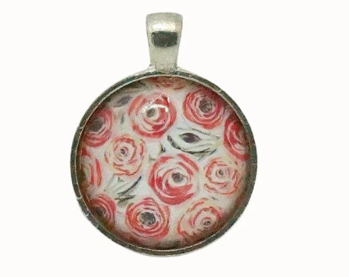 Floral Pendant, Pink Roses, Silver Plated, Round Pendant, 25mm, Photo Pendant
