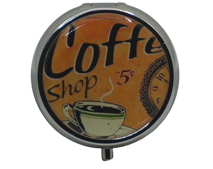 Coffee, Vintage, Retro, Coffee Shop, Pill Box, Silver Plated, Medicine Case, One Day Pill Box, Trinket Box, Pill Case