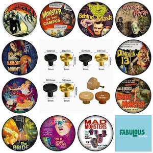 May include: A collection of round cabinet knobs featuring vintage horror movie posters, including The Mummy and Bride of the Monster. The image includes technical diagrams showing metal knobs in 22mm, 27mm, and 32mm diameters, plus wooden knobs.
