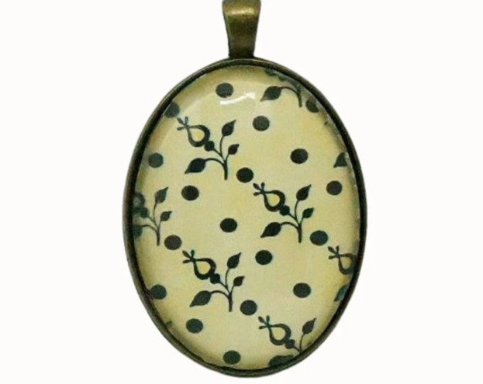 Art Nouveau, Patterned, Cream and Black, Oval Bronze Plated Pendant, Necklace Pendant
