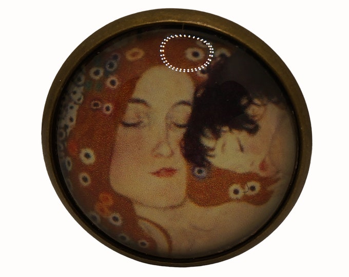 Gustav Klimt, Mother and Child, Round Metal Brooch, Bronze, 2.5cm Brooch, Glass, Scarf Pin, Lapel Pin