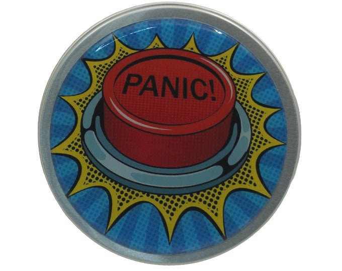100ml Tin, PANIC, Pop Art, Retro, 100ml Round Screw Top Handmade Decorative Tin Pills Medication Rings Earrings Gift Tin Mints Keepsakes
