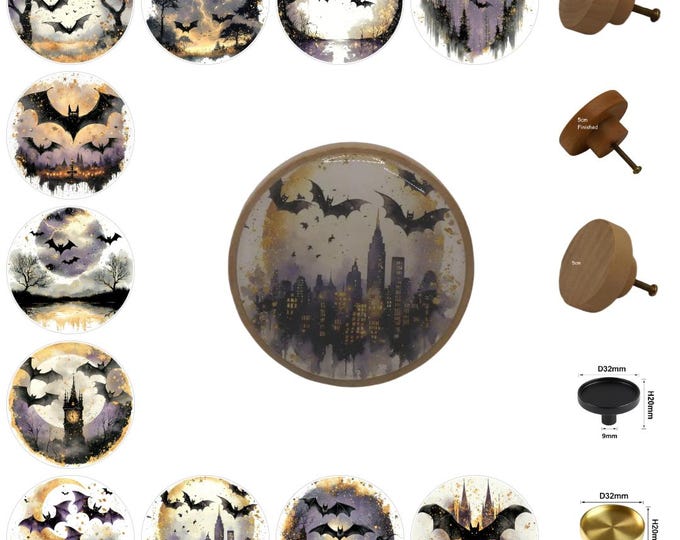 Gothic Bat Drawer Knobs: Round Wooden Cabinet Pulls Drawer Handles