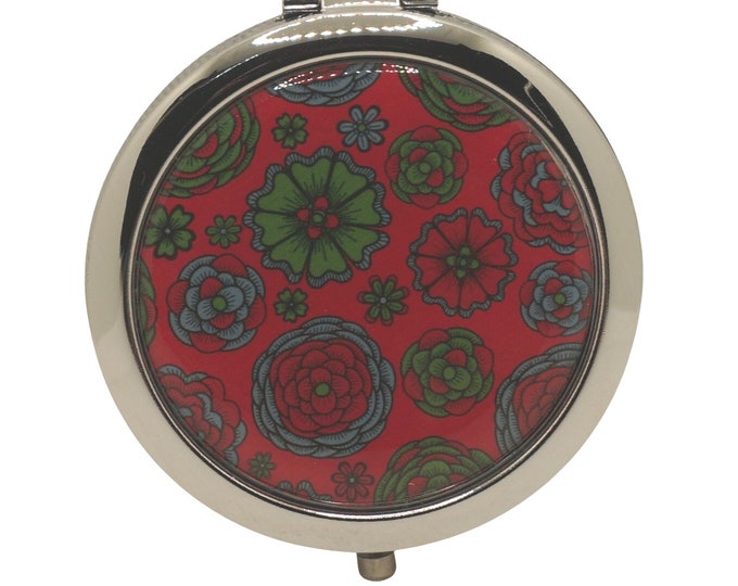 Floral, Green, Red, Blue, Compact Mirror, Purse Mirror, Pocket Mirror, Handbag Mirror, Makeup Mirror