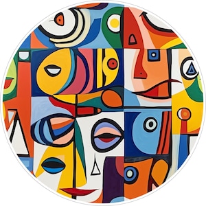 May include: A circular wall art piece featuring a grid of abstract faces and geometric shapes. The composition uses a vibrant palette of red, yellow, blue, orange, green, and white, with bold black outlines defining each segmented section.