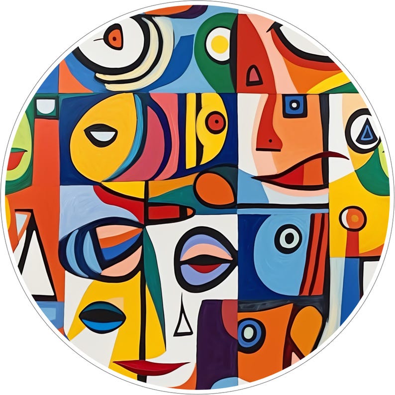 May include: A circular wall art piece featuring a grid of abstract faces and geometric shapes. The composition uses a vibrant palette of red, yellow, blue, orange, green, and white, with bold black outlines defining each segmented section.