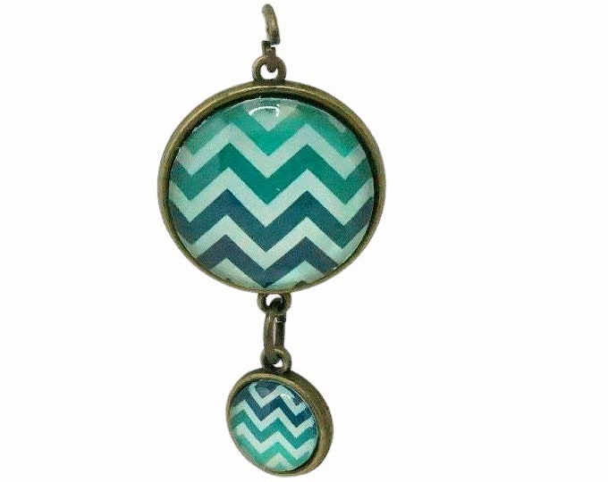 Doubled Sided Round Glass Pendant Two Pendants in One Bronze Pendant Patterned Chevron Green and White Purple and Blue