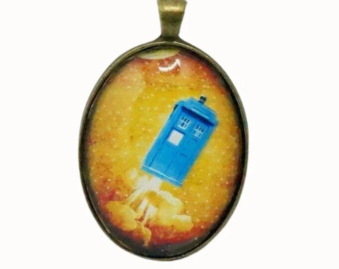 Flight of the Tardis, Phone Booth, Oval Bronze Plated Pendant, Necklace Pendant