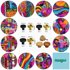 May include: A collection of circular cabinet knobs featuring vibrant, multi-coloured abstract patterns with hearts and swirls. The image includes technical diagrams showing metal knobs in 22mm, 27mm, and 32mm diameters, plus wooden knobs measuring 4cm and 5cm.