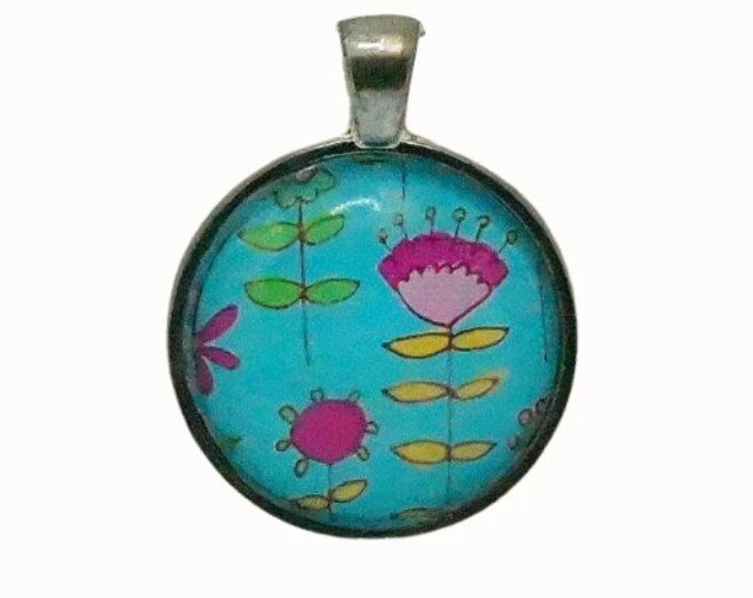 Floral Pendant, Bright Flowers, Blue, Pink, Silver Plated, Round Pendant, 25mm, Photo Pendant