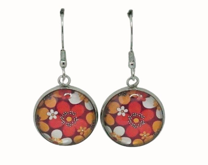 Stainless Steel Glass Tile Hooped Earrings Accessories Retro Floral Orange Red White