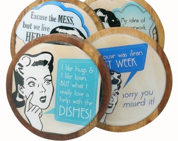 Set of Four Round Acacia Wooden Coasters Wine Coaster Drink Coasters Coffee Coaster Humor Retro Housewives