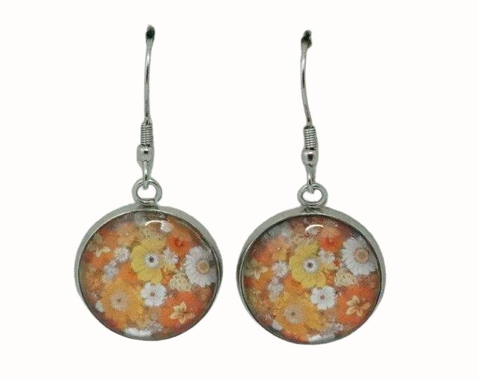 Stainless Steel Glass Tile Hooped Earrings Accessories Floral Flowers Yellow Orange White