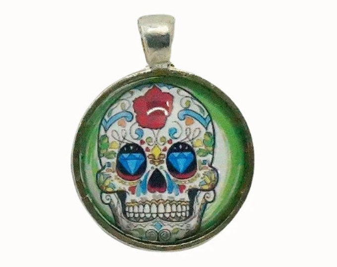 Mexican Day of the Dead, Sugar Skull, Silver Plated, Round Pendant, 25mm, Photo Pendant