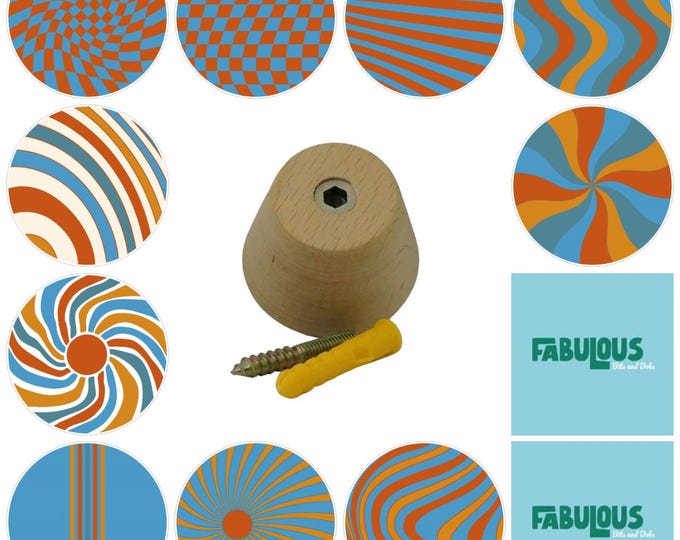 Groovy Orange and Blue Wooden Wall Hooks, Hand Decorated, 5cm