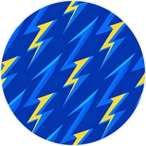 May include: A round, blue background with a repeating pattern of yellow and blue lightning bolts. The lightning bolts are angled and create a dynamic, energetic design. The image has a white border.