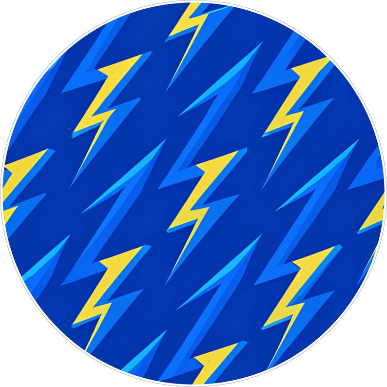 May include: A round, blue background with a repeating pattern of yellow and blue lightning bolts. The lightning bolts are angled and create a dynamic, energetic design. The image has a white border.