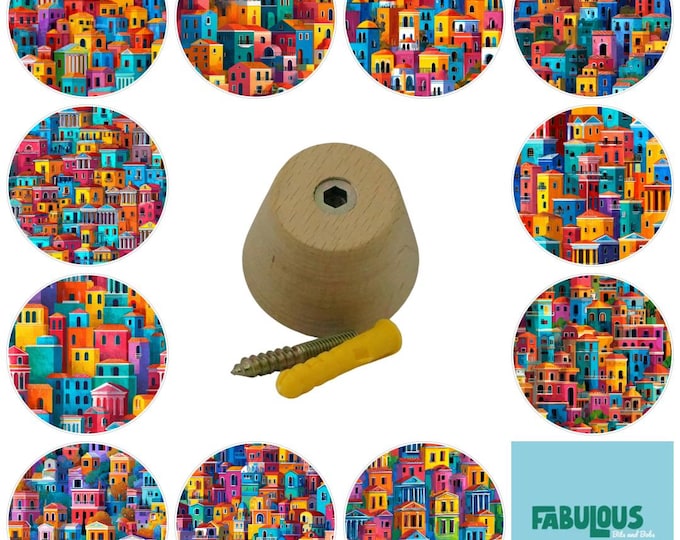 Bright Colored Houses Wooden Wall Hooks, Hand Decorated, 5cm