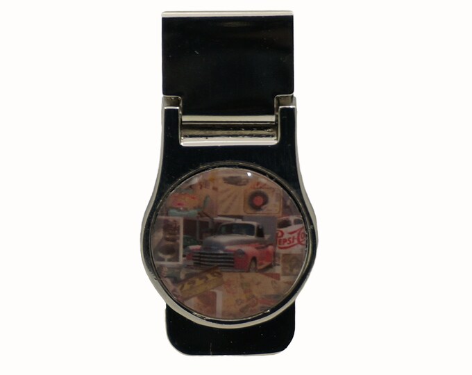 Vintage Collage, Vintage Truck, Stainless Steel Money Clip, Pocket Money Holder, Money Clip Holder