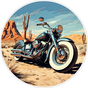 May include: A circular graphic illustration of a dark motorcycle with chrome accents and whitewall tyres parked on a sandy desert landscape. The background features tall saguaro cacti, rocky orange mountains, and a blue sky with light clouds.