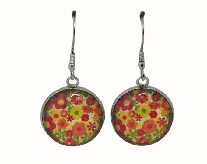 Stainless Steel Glass Tile Hooped Earrings Accessories Retro Floral Orange Red Yellow