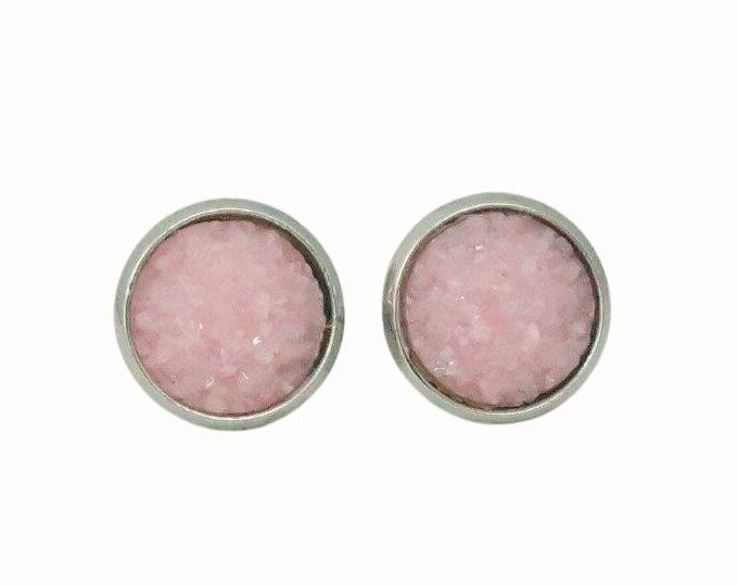 12mm Round Stainless Steel Glass Stud Earrings Druzy Cabochon Pink