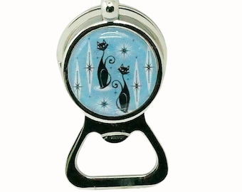 Handmade Keyring Bottle Opener Key Ring Mid Century Art Black Cats Retro