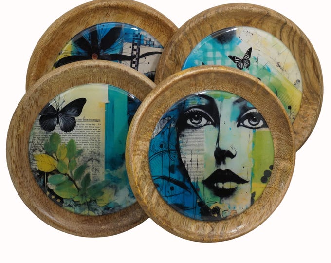 Surreal Face & Butterfly Mango Wood Coasters, Set of 4