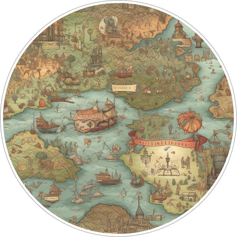 May include: A circular map illustration featuring a fantasy landscape with green landmasses, blue water, and various sailing ships. The artwork includes detailed terrain, small structures, and a prominent red banner with text across the center.
