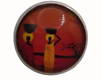 African Women, Orange, Yellow, Round Metal Brooch, Silver Plated, 2.5cm Brooch, Glass, Scarf Pin, Lapel Pin