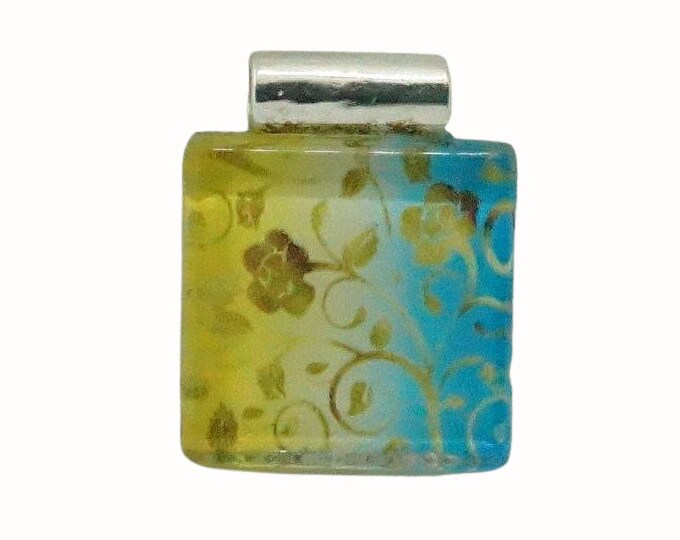 Flat Square Glass Tile Pendant with Tube Bail Patterned Blue Yellow and Gold Floral