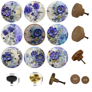 Purple Flowers Drawer Knobs: Glass Cabochon, 30mm Cabinet Pulls