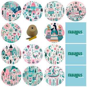 May include: A collection of eleven circular decorative knobs featuring various colorful patterns in pink, teal, and white, including houses, floral motifs, figures, and animals. A single wooden knob with a metal screw and yellow anchor is shown.
