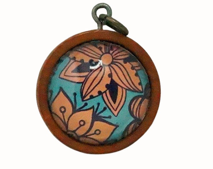 Wooden Backed Glass Tile Pendant Necklace Accessories Natural Wooden Pendant Floral Orange Blue