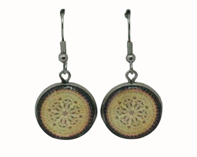 Stainless Steel Glass Tile Hooped Earrings Accessories Patterned Mandala Beige and Black